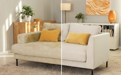 Sofa before and after dry-cleaning. Furniture near in room, collage